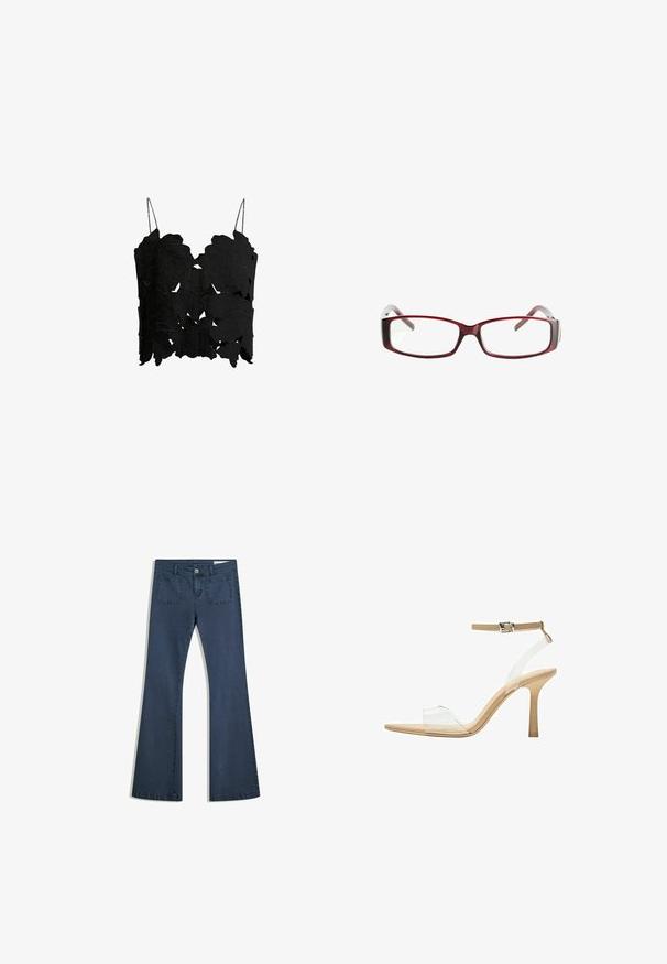 Crni crop top s višeslojnim izrezima u obliku lista, tankim podesivim trakama i teksturiranim završetkom za strukturirani dizajn.; Tamno plavi traperice s izrezanim nogavicama, šivanim džepovima, kopčanjem na dugme i glatkom teksturom. Imaju klasičan dizajn s pet džepova.; Sandal s prozirnim potplatom i prozirnim gornjim dijelom, bež uloškom i tankim remenom oko gležnja. Ima špicasti vrh i tanak visoki potplat.; Crvene pravokutne naočale s elegantnim dizajnom. Prozorne leće, blago prozirne drške i gradijentni efekt od crvene do sive.