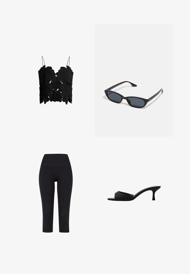 Sort cropped top med lagdelte bladbobleformede udskæringer, tynde justerbare stropper og en tekstureret finish for et struktureret design.; Sorte capri leggings lavet af strækbart stof, med en høj talje og uden synlige mønstre eller hardware.; Sorte hælede mules med en bred åben tå og en buet overdel. Fremstillet af tekstureret stof, med en slank hæl og en glat sål.; Sorte katteøje solbriller med mørke linser, plastikramme, slanke temple og diskret branding på den indre arm. Mat finish tekstur.