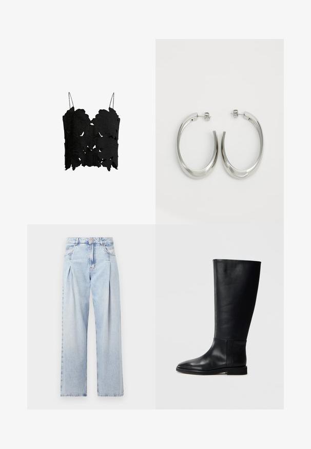 Top corto negro con recortes en forma de hoja en capas, tirantes delgados y ajustables, y un acabado texturizado para un diseño estructurado.; Jeans de mezclilla azul claros con cintura alta, corte de pierna ancha, dos bolsillos laterales y un diseño plisado. Textura suave con un acabado deslavado.; Bota alta de cuero negro hasta la rodilla con punta redonda, textura suave, diseño minimalista y suela plana. Detalles de costura simples en el caña.; Pendientes de aro de plata con un diseño curvado y suave. Presentan un acabado metálico brillante y cierre de presión. Sin patrones ni acentos visibles.