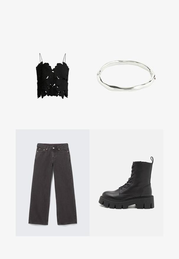 Čierny crop top s vrstvenými výrezmi v tvare listov, tenkými nastaviteľnými ramienkami a textúrovaným povrchom pre štruktúrovaný dizajn.; Čierne džínsové nohavice s širokými nohavicami, medenými nitmi, piatimi vreckami a zapínaním na gombík. Mäkká, pevná textúra s rovno strihaným spodným okrajom od pása až po lem.; Čierna kožená členková čižma s viazaním vpredu, hrubou platformou a slučkou na vytiahnutie; hladká textúra a jemné logo na päte.; Strieborný kovový náramok s vlnitým, nepravidelným dizajnom. Hladký povrch s lešteným finišom, ktorý odráža svetlo. Kruhový tvar bez viditeľných akcentov.