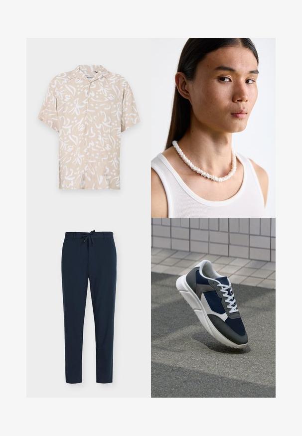 Beige kortermet skjorte med et hvitt abstrakt blomstermønster. Laget av lett stoff, med en avslappet passform og knappestolpe.; Marineblå bukser laget av glatt stoff med snor i livet, med vertikalt stripemønster og innsnevret bendesign.; Sneakers med en navy blå mesh-overdel, grå sømværk, hvit gummisåle og flate hvite snører, designet for komfort og pusteevne.; Hvit skjellkjede bestående av uregelmessige former, båret over en tettsittende hvit tanktop. Glatt tekstur med subtil glans, tettsittende design.