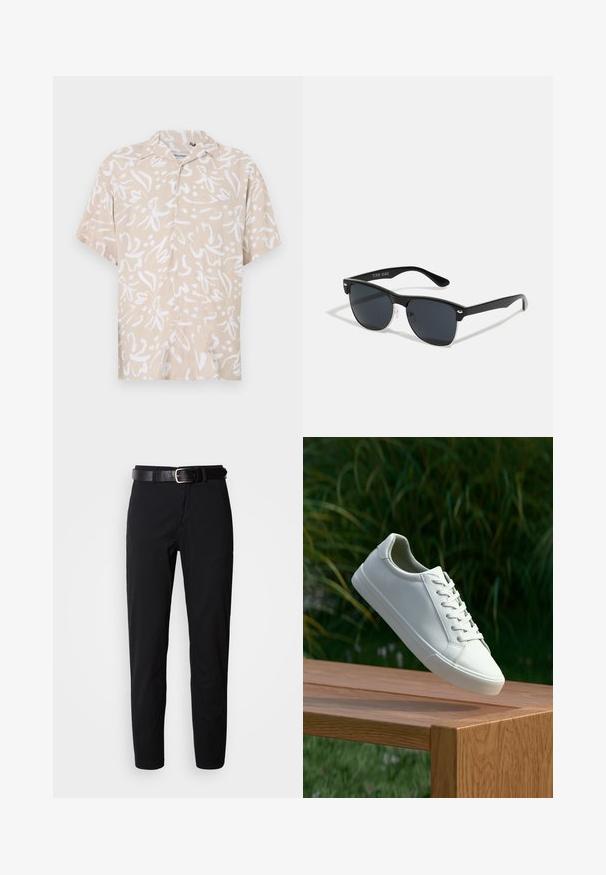 Bēša īsām piedurknēm krekls ar baltu abstraktu ziedu rakstu. Izgatavots no viegla auduma, ar brīvu piegriezumu un pogu aizdari.; Melnas bikses ar taisnu griezumu, ar gludu tekstūru un melnu ādas jostu ar sudraba sprādzi. Vienkāršs dizains, bez rakstiem vai akcentiem.; Baltas šņorējamais sneakers, kas pārvietojas virs koka solu ar zaļiem zariem fona, izceļot apavu dizainu un tekstūru.; Melnas saulesbrilles ar taisnstūra formu, tumšiem stenģiem, sudraba akcentiem pie tempļiem un matētu apdari uz rāmja.
