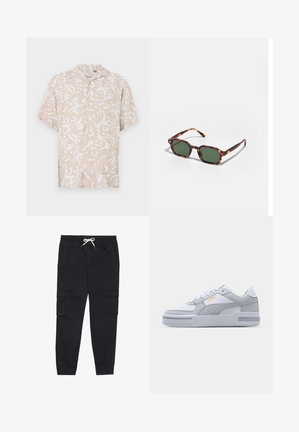 Vaaleanbeige lyhythihainen paita, jossa on valkoinen abstrakti kukkakuosi. Kevyestä kankaasta valmistettu, rento malli ja nappikiristys edessä.; Mustat cargo-housut, jotka on valmistettu puuvillasta ja joissa on elastinen vyötärönauha kiristysnyörillä, sivutaskut ja kapenevat lahkeet.; Harmaat ja valkoiset lenkkarit, joissa on sileä nahkapinta, rei'itetty varvastoppa, nauhakiinnitys, teksturoituja yksityiskohtia ja hillitty kultainen logo.; Kilpikonnakuosiset aurinkolasit vihreillä linsseillä, joissa on oktaalinen muoto ja kapeat, kaarevat varret. Materiaalissa on kiiltävä pinta.
