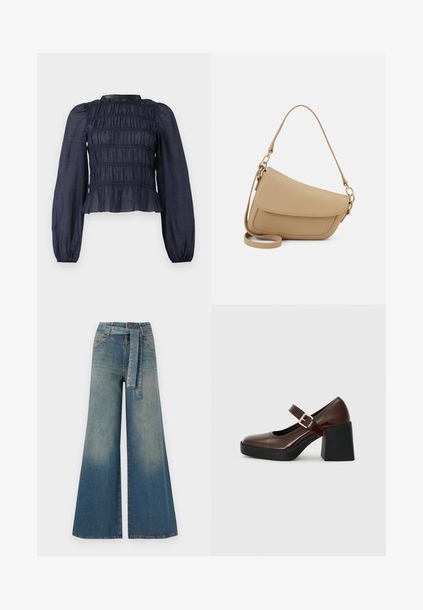 Mørkeblå, semi-gennemsigtig bluse med smocket bodice, lange ærmer og en flæsekant. Har en samlet struktur hele vejen igennem.; Bredbens-denimbukser med en lys til mørk blå gradient, høj talje, bælteløkker og et matchende stofbælte. Tekstureret denimfinish.; Brune patentlæder Mary Jane-sko med blokhæle, der har en spænde-rem og rund tå, hvilende på en struktureret sort sål.; Even&Odd Håndtasker - beige