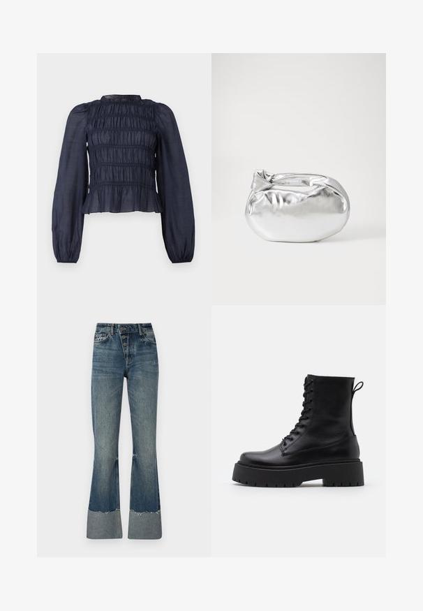 Granatowa, półprzezroczysta bluzka z marszczoną górą, długimi rękawami i falbaną na dole. Zawiera marszczoną fakturę w całej powierzchni.; Dżinsy typu dzwony w średnim niebieskim kolorze, z wysokim stanem, pięcioma guzikami i postrzępionym dołem. Posiadają jaśniejsze mankiety na dole i wyblakłą fakturę.; Czarne skórzane botki za kostkę z okrągłym noskiem, sznurówką z przodu i grubą gumową podeszwą z teksturowanym bieżnikiem. Pętelka do zakładania z tyłu.; Srebrna metaliczna torba worek o miękkim, zaokrąglonym kształcie i zawiązywanym z góry zapięciem. Wykonana z gładkiego materiału imitującego skórę.; Srebrne kolczyki w formie obręczy o minimalistycznym designie. Okrągły kształt, gładka faktura i cienki profil. Lekkie, z polerowanym wykończeniem.