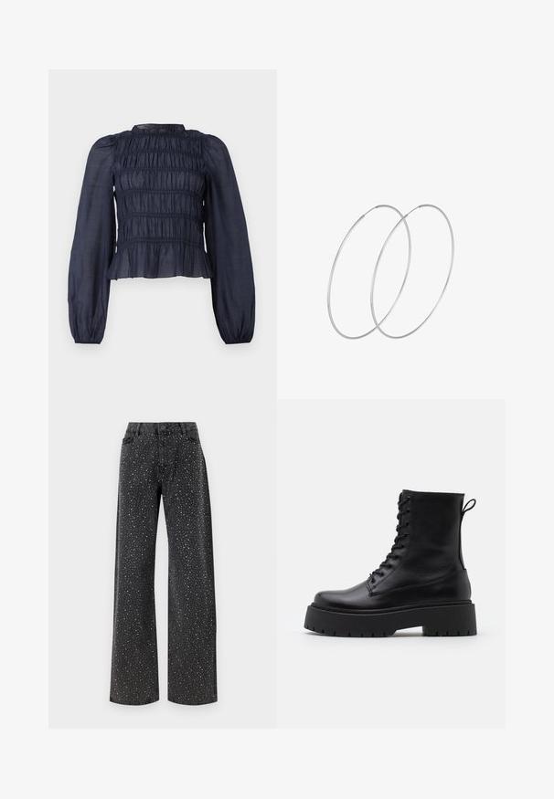 Mörkblå, halvgenomskinlig blus med smockat liv, långa ärmar och en volangkant. Har samlad struktur över hela plagget.; Noisy May NMJANNEL LOOSE - Jeans relaxed fit - black denim; Svarta läderankelboots med rund tå, snörning framtill och en tjock gummisula med strukturerat mönster. Dragflik bak.; Silverfärgade hoopörhängen med en minimalistisk design. Cirkulär form, slät yta och tunn profil. Lätta med en polerad finish.