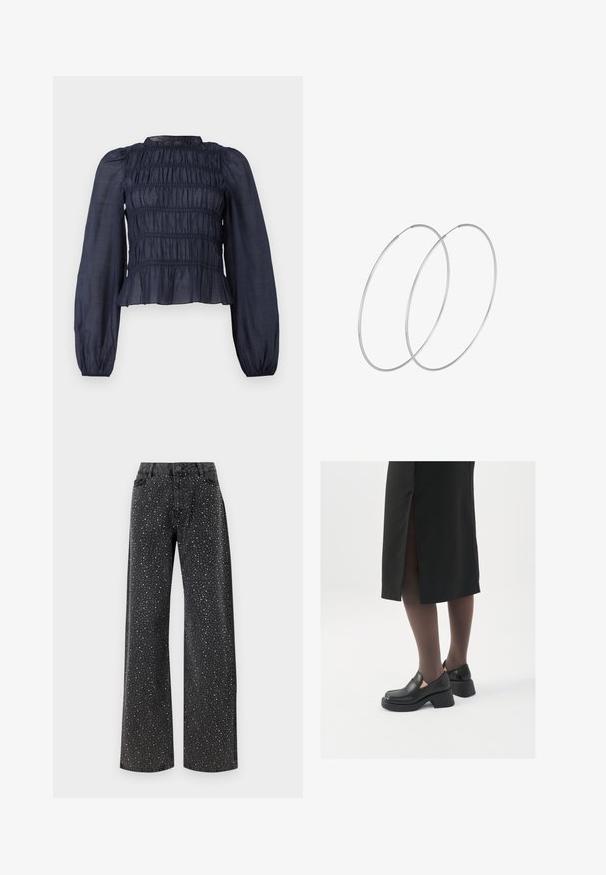 Morska plava poluprozirna bluzica s nabranym korpusom, dugim rukavima i volanima na rubu. Ima nabranu teksturu po cijeloj površini.; Noisy May NMJANNEL LOOSE - Traperice opuštenog kroja - black denim; Crne kožne cipele s zaobljenim vrhom, debelim blok petama i elastičnim bočnim detaljima, uparene s tamnim čarapama i crnom suknjom s prorezom.; Srebrne okrugle naušnice s minimalističkim dizajnom. Kružni oblik, glatka tekstura i tanak profil. Lagane s poliranim završetkom.