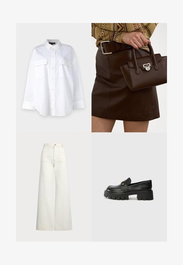Balts pogtukša krekls, izgatavots no kokvilnas, ar klasisku apkakli, divām krūšu kabatām un garām piedurknēm ar aprocēm. Gluda tekstūra.; Platās kājas džinsi off-white denima. Augsta jostasvieta ar pogu aizdari, divas priekšējās kabatas un kontrastējošas šuvju detaļas.; Melni ādas mokasīni ar masīvu zoli, ar zeltaini akcentu priekšā un gludu apdari. Masīva protektora dizains uz zoles.; Brūna ādas rokassoma ar teksturētu apdari un sudraba furnitūru, turēta ar roku blakus brūnai ādas svārkiem un ar rakstu svārkiem.