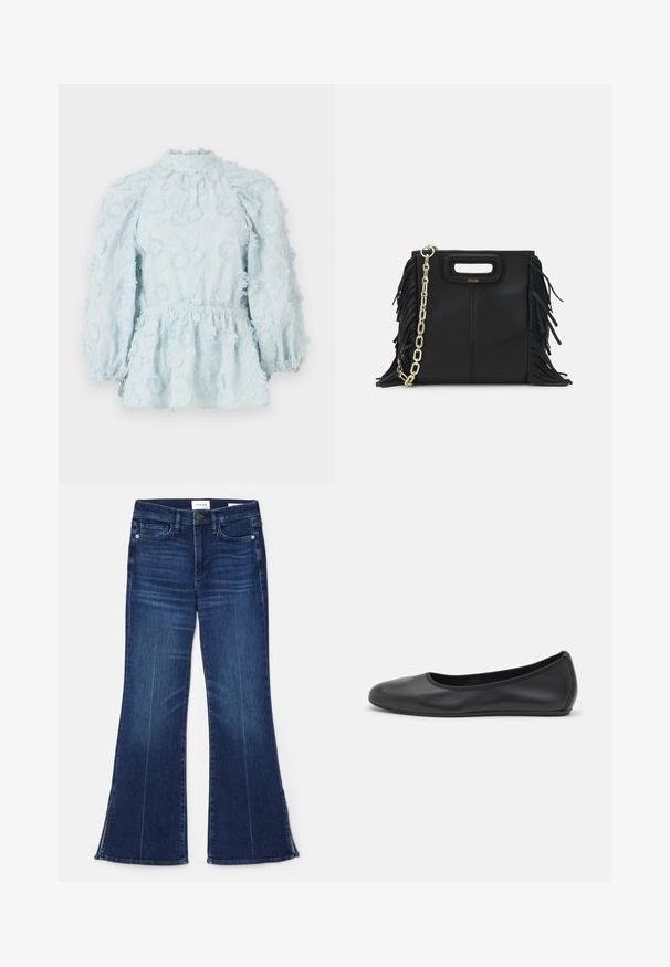 Lys blå bluse med blomstermønster, samlet talje, høy hals og puffete ermer, laget av teksturert stoff.; Mørkeblå flagrende jeans laget av denim. Har høy midje, frontlommer og splittdetaljer ved kanten. Klassisk femlommers design.; Svart skinnballettflatt med rund tå, glatt tekstur, minimal sømdetalj, og et fleksibelt såledesign.; Svart læderhåndtaske med frynsedetaljer, guldkæde skulderrem og udskåret håndtag. Har logo placeret på forsiden.