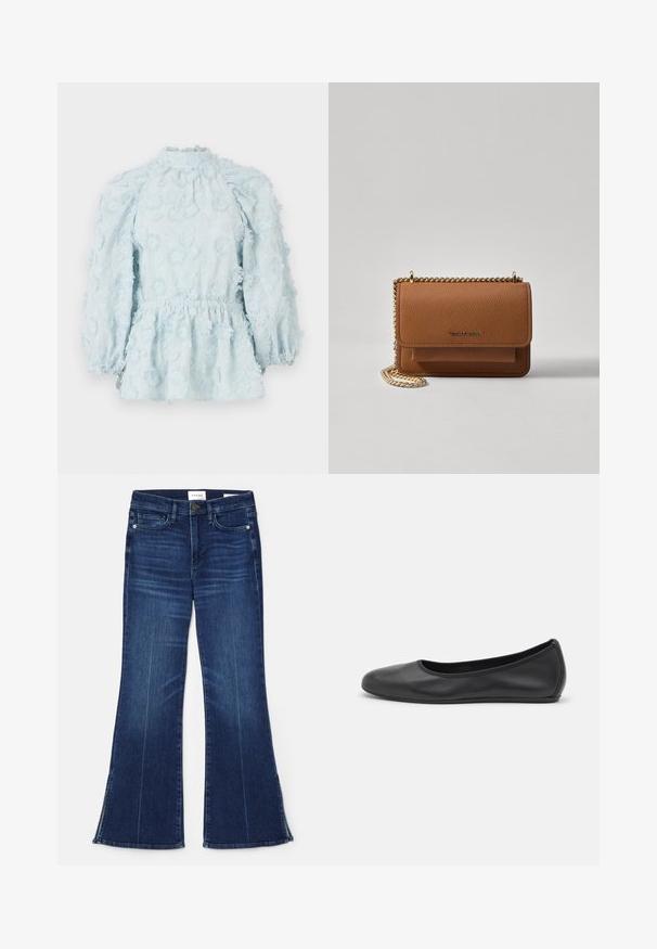 Šviesiai mėlyna bluzelė su gėlių siuvinėjimu, surinkta talija, aukštu kaklu ir pūstomis rankovėmis, pagaminta iš tekstūruotos medžiagos.; Tamsiai mėlynos flare tipo džinsai, pagaminti iš džinsinio audinio. Su aukštu liemeniu, priekinėmis kišenėmis ir skeltukais hem'e. Klasikinis penkių kišenėlių dizainas.; Juodai odiniai baletai su apvaliu pirštu, lygi texture, minimalus siuvimo detales ir lanksčiu padų dizainu.; Ruda tekstūruota odinė per petį nešama rankinė su auksiniu grandininiu dirželiu ir užlenkiamo užsegimo. Priekinėje pusėje yra logotipo detalė ir kišenė po užlenkimu.