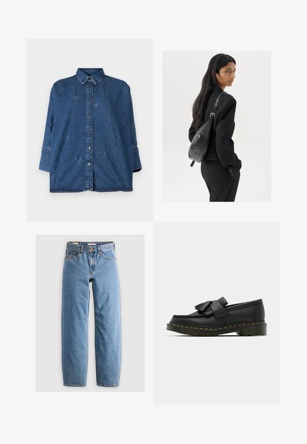 Denim krekls ar klasisku apkakli, zilā krāsā, pārmērīgā izmērā un dekoratīvām sirds formas izgriezumiem. Aprīkots ar snap pogām un garām piedurknēm.; Gai zila džinsu auduma bikses ar taisniem piegriezumiem, piecām kabatām, ar rāvējslēdzēju un vieglu nodilumu. Klasisks stils ar minimālu aparatūru.; Melnas ādas mokasīni ar apaļu purngalu, piedāvā frizētus detalizējumus un dekoratīvu joslu priekšā, uz masīva papēža.; Sieviete ar garām tumšām matiem, ģērbusies melnā uzvalkā, nēsā melnu ādas plecu somu un skatās pāri plecam uz balta fona.