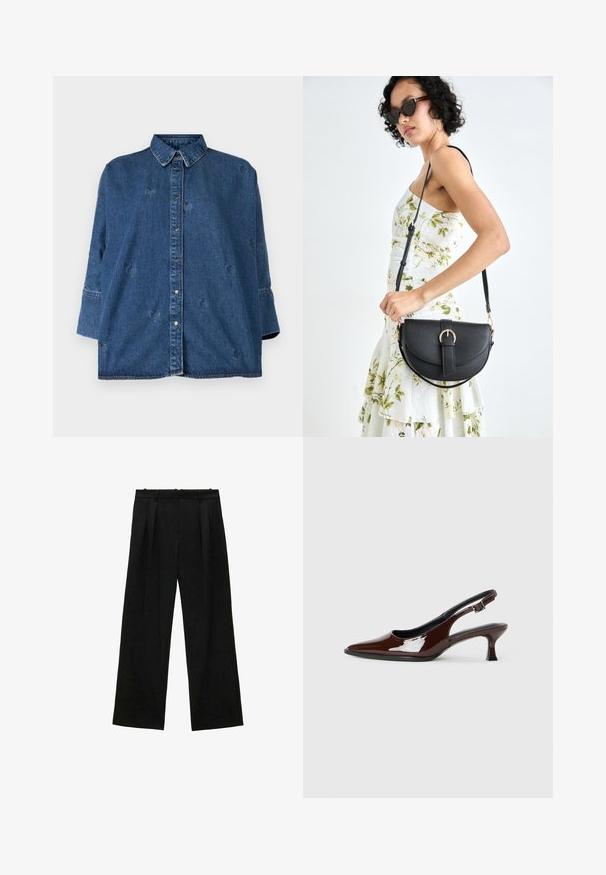 Denimová košile s klasickým límcem, modré barvy, oversized střihu a ozdobnými výřezy ve tvaru srdce. Obsahuje patentky a dlouhé rukávy.; Černé široké kalhoty s plisováním, s hladkou texturou a vysokým pasem. Minimalistický styl, žádné viditelné kovové prvky nebo ozdoby.; Hnědé lakované kožené slingback boty s špičatou špičkou a mírným podpatkem. Disponují přezkou pro bezpečné upevnění. Hladký povrch.; Černá kožená kabelka s křivkovým tvarem, odnímatelným popruhem a zlatými detaily. Kabelka má klopu s přezkou.