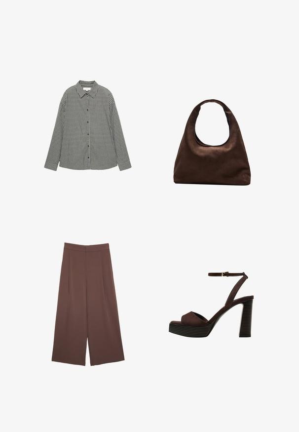 Karierte Hemd in Schwarz und Weiß, mit Knopfverschluss, spitzem Kragen und langen Ärmeln in lockerer Passform. Baumwollstoff.; Braune Weite-Leg-Hosen mit einer glatten Textur, hoher Taille und Vorderfalten. Der Stoff ist leicht und fällt locker.; Braune Wildleder-Pumps mit offenem Zeh, verstellbarem Knöchelriemen und gestreiftem Plateausohlen.; Weiche braune Hobo-Stil Handtasche mit einem einzigen breiten Trageriemen und einer geschwungenen Oberteilöffnung, auf einem weißen Hintergrund präsentiert.