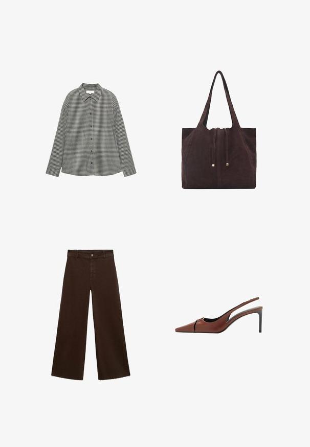 Ternede skjorte i sort og hvid, med knaplukning foran, spids krave og lange ærmer i en afslappet pasform. Bomuldsstof.; Brune viddebukser i en bomuldsblanding, med en frynset kant, frontknaplukning og klassisk fem-lomme design. Minimalistiske og alsidige.; Brun læder slingback hæl med spids tå, udskæring ved vampen og en elegant stiletto hæl. Glat tekstur.; Mango Shopping bags - dark brown