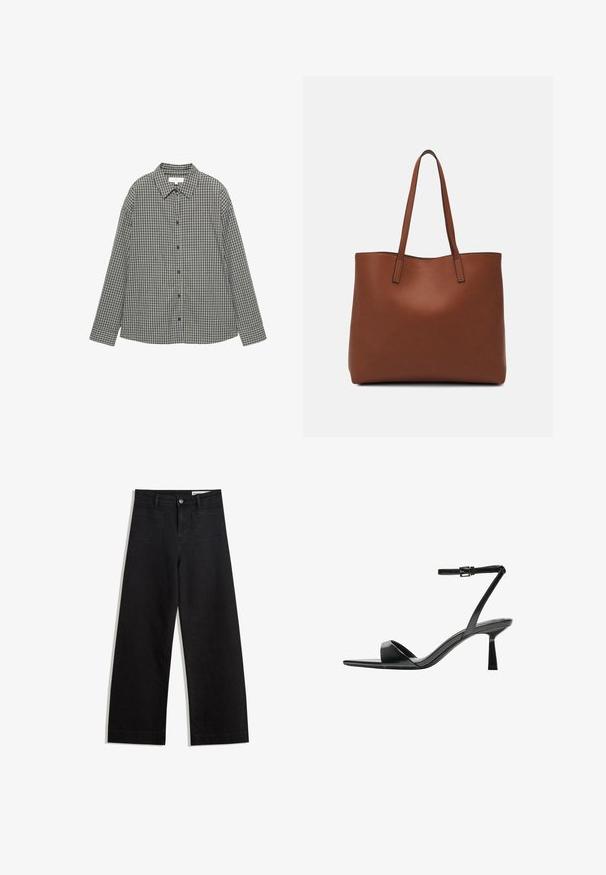 Camicia a quadri bianca e nera, con bottoni sul davanti, colletto a punta e maniche lunghe dal taglio rilassato. Tessuto in cotone.; Pantaloni in denim neri a gamba larga con vita alta, dotati di tasche anteriori e posteriori, cuciture a punto, e chiusura con bottone. Texture liscia.; Bershka Sandali con tacco - black; Borsa tote in pelle marrone con texture liscia, design con apertura superiore e due spallacci. Presenta cuciture minime e nessun hardware visibile.