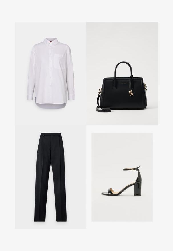 MAX&Co. BARI - Πουκαμίσα με κουμπιά - weiss; Μαύρο παντελόνι φτιαγμένο από λείο ύφασμα με ψηλή μέση, φαρδιές γάμπες, πλάγιες πιέτες και κλασσικές θηλιές ζώνης. Δεν υπάρχουν ορατές πλαϊνές τσέπες.; Μαύρη πατεντέ δερμάτινη σαγιονάρα με φαρδύ τακούνι, ανοιχτό μπροστινό μέρος και λουράκι στον αστράγαλο με χρυσό κούμπωμα. Λείο υλικό και κομψός σχεδιασμός.; Μαύρη δερμάτινη τσάντα χειρός με δομημένο σχέδιο, διπλές λαβές στην κορυφή, αποσπώμενος ιμάντας ώμου, χρυσά αξεσουάρ και διακοσμητικό λογότυπο.