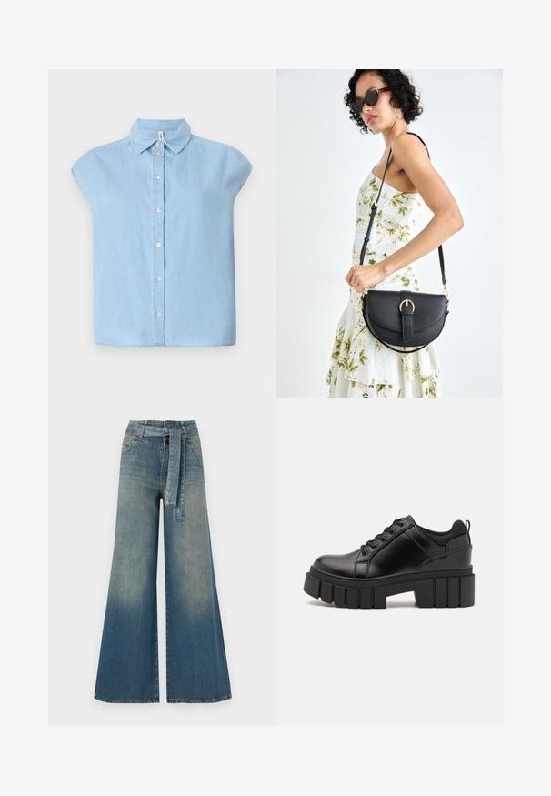 Blue short-sleeve button-up shirt made of denim fabric, featuring a classic collar and front button closure, with a relaxed fit and flat hem.; Wide-leg denim trousers featuring a light to dark blue gradient, high waist, belt loops, and a matching fabric belt. Textured denim finish.; Black leather platform shoes with a chunky block heel, round toe, and traditional lace-up design. Features smooth texture and minimal detailing.; Black leather handbag with a curved shape, detachable strap, and gold hardware. The bag features a flap with a buckle detail.