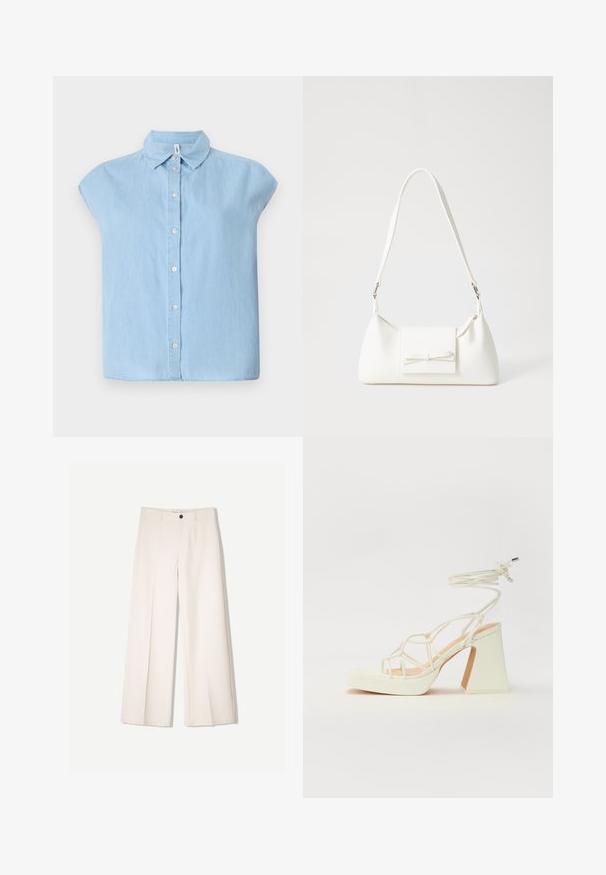 Blå kortärmad skjorta med knappar av denim, med klassisk krage och knappstängning framtill, i avslappnad passform och rak fåll.; Krämfärgade byxor med vida ben och skräddarsydd design, med två framfickor och en enda knappstängning fram, tillverkade av ett smidigt tyg.; Vit högklackad sandal med en kraftig klack, med ett remdesign och ankelband. Slät textur med en plattform framtill för ökad höjd.; Vit syntetisk handväska med triangulär form, platt framklaff och rosettdetalj, justerbar rem, slät textur och minimalistisk design.