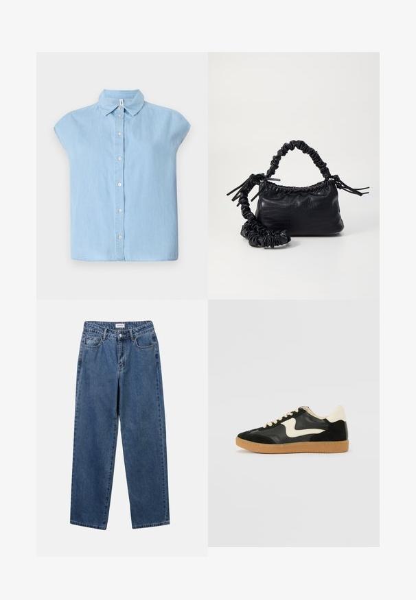 Blue short-sleeve button-up shirt made of denim fabric, featuring a classic collar and front button closure, with a relaxed fit and flat hem.; Classic blue denim jeans with a straight-leg design, five pockets, and a button closure. Features a medium wash and sturdy texture.; Black suede and leather sneaker with a cream side swoosh and light cream heel. Features beige laces and a gum rubber outsole.; Black faux leather handbag with a crocodile texture, cinched top, and a scrunched strap. Appears soft and compact in design.