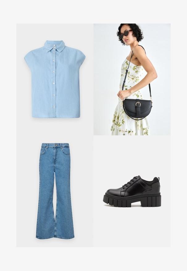 Camisa de botão azul de manga curta, feita de tecido de denimbro, com colarinho clássico e fecho frontal com botões, com um corte confortável e barra reta.; Jeans de brim azuis claros, com corte à boca de sino, apresentando uma cintura alta, cinco bolsos e um fecho de botão único. Textura macia com acabamento desbotado.; Sapatos de plataforma em couro preto com um salto bloco robusto, bico redondo e design clássico de atacadores. Apresentam uma textura suave e detalhes mínimos.; Bolsa de couro preta com forma curva, alça destacável e detalhes em dourado. A bolsa possui uma aba com detalhe de fivela.