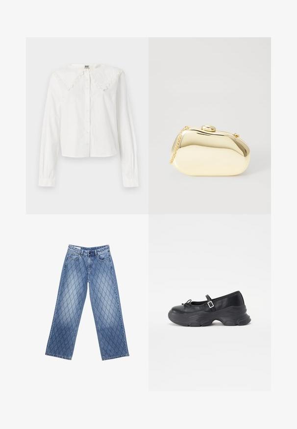 Camicia bianca a maniche lunghe con un ampio colletto rifinito in pizzo, chiusura frontale con bottoni e orlo leggermente accorciato. Realizzata in tessuto leggero.; Jeans in denim a gamba larga di colore azzurro chiaro con un motivo a diamante trapuntato, dotati di cinque tasche e chiusura con bottone in vita.; Scarpa Mary Jane in pelle nera con punta arrotondata, dettaglio a fiocco e cinturino alla caviglia regolabile. Presenta una suola in gomma spessa con accenti curvi.; Clutch metallico oro con una forma liscia e arrotondata, dotato di una chiusura a pulsante superiore e una piccola tracolla per il trasporto.
