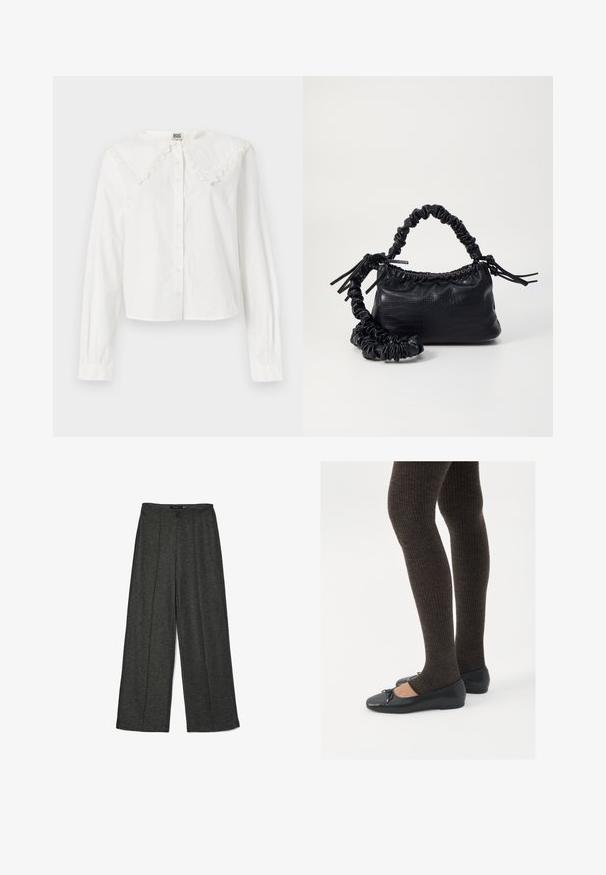 White long-sleeve shirt with a large lace-trimmed collar, button-up front, and a slightly cropped hem. Made of lightweight fabric.; Dark grey wide-leg trousers made from textured fabric, featuring a high waist and two front pleats for added design detail.; Black flat shoes with a small bow detail at the toe, paired with dark brown ribbed tights. Shoes have a smooth texture and low profile.; Black faux leather handbag with a crocodile texture, cinched top, and a scrunched strap. Appears soft and compact in design.