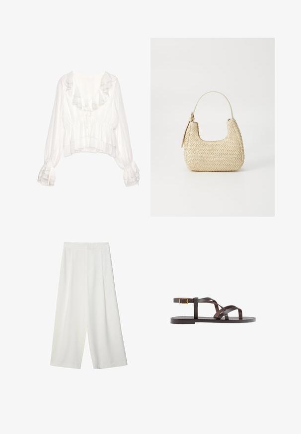 Valkoinen paita röyhelökauluksella ja hihansuilla, jossa on lyhennetty muotoilu, teksturoitu kangas ja säädettävät soljet edessä ja hihoissa.; Valkoiset, leveät, lyhyet housut sileällä pinnalla, joissa on litteä etuosa, eivätkä niissä ole näkyviä kiinnityksiä tai taskuja.; Ruske kožne sandale s križnim trakama, zatvaranjem na kopču oko gležnja i ravnim potplatom s minimalnim detaljima šivanja.; Kudottu olkilaukku vaaleanbeigessä, kaarevassa muodossa, lyhyellä hihnalla ja sivuvetoketjulla. Ominaisuuksiin kuuluu teksturoidumpaa pintaa ja minimalistinen muotoilu.