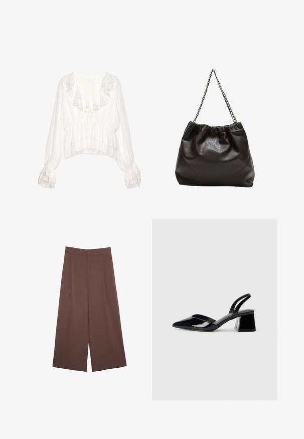 Weiße Bluse mit Rüsche am Hals und an den Ärmeln, mit verkürztem Schnitt, strukturiertem Stoff und verstellbaren Bändchen vorne und an den Ärmeln.; Braune Weite-Leg-Hosen mit einer glatten Textur, hoher Taille und Vorderfalten. Der Stoff ist leicht und fällt locker.; Schwarze Lackleder-Slingback-High Heels mit spitzem Schuh und einem geometrischen Blockabsatz. Verfügt über ein schlankes, minimalistisches Design und eine glatte Textur.; Braune Lederhandtasche mit gerafftem Oberteil und Kettenriemen. Glatte Textur mit glänzendem Finish und subtilen Nahtdetails an den Seiten.