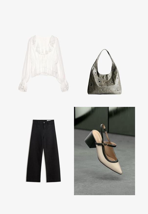 Bela bluzica z nabrano ovratnikom in manšetami, ki ima skrajšan kroj, teksturirano tkanino ter nastavljive vezi spredaj in na rokavih.; Črne široke denim hlače z visokim pasom, ki imajo sprednje in zadnje žepe, šivane šive ter gumbasto zapiranje. Gladka tekstura.; Bežna slingback čevlja z uskim sprednjim delom, črnimi detajli, zlatim zaponko in debelim blokovskim peto na sivi tleh s temno zeleno ozadje.; Olivnozeleni usnjeni ročni torbici z ohlapno obliko, ki ima različne velikosti okroglih izrezov in poudarke v temnejših in svetlejših odtenkih.