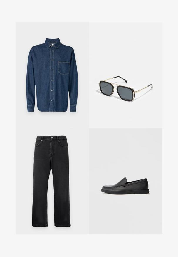 Tummansininen farkkupaita pitkille hihoille, napitus edessä ja yksi rintatasku. Siinä on klassinen kaulus ja suora helma.; Mustat suorat farkut etutaskuilla, vyölenkeillä ja nappisuljennalla valkoista taustaa vasten.; Musta nahkainen liukuvi loafer, jossa on tekstuuripinta, pyöreä kärki, matala korko ja kumipohja, esitelty sivuprofiilissa valkoisella taustalla.; Mustat ja kultaiset aurinkolasit neliön muotoisella, metallikehyksellä, tummanharmailla linsseillä ja mustilla varsilla. Ominaisuutena kaksoissilta-muotoilu.