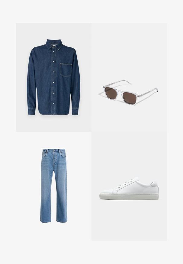 Mørkeblå denimskjorte med lange ermer, knappestolpe foran og en enkel brystlomme. Har klassisk krage og rett søm.; Lys blå denimjeans med rett ben-design, fem lommer, knappeåpning, minimal falming og kontrasterende sømdetaljer.; Hvit sneakers med en glatt skinnoverdel og lav profil. Har en rund tå, seks snøring hull, og en teksturert gummisåle.; Klare plastikk solbriller med rektangulære brune linser, med tynne, gjennomsiktige armer og metalldetaljer på templene.