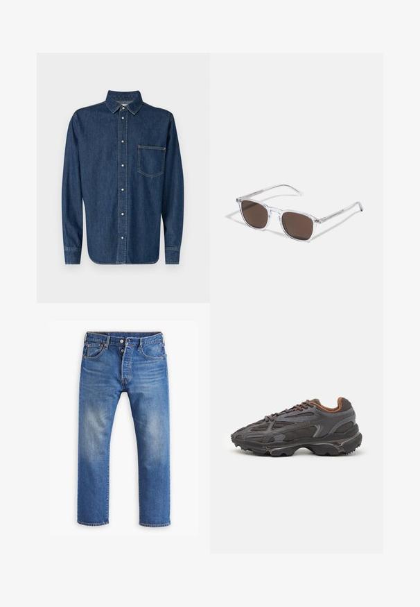 Chemise en denim bleu foncé avec des manches longues, devant à boutons et une poche poitrine unique. Présente un col classique et un ourlet droit.; Jean en denim bleu, design à jambe droite, avec un délavage visible, fermeture par bouton et zip, cinq poches et accents de couture orange.; Baskets Lacoste en gris foncé, en matériau mesh et synthétique, avec une semelle texturée et des accents marron sur le col et le branding.; Lunettes de soleil en plastique transparent avec des verres marron rectangulaires, dotées de branches fines et transparentes ainsi que d'accents en métal sur les tempes.