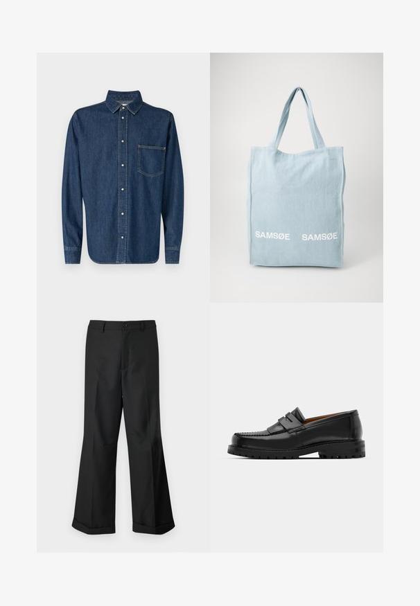 Mörkblå denimskjorta med långa ärmar, knappstängning fram och en bröstficka. Har en klassisk krage och rak fåll.; Svarta vida byxor med knapplåsning i midjan och uppvikta fållar, visade mot en enkel vit bakgrund.; Svarta läderloafers har en upphöjd söm, två dekorativa remmar på ovansidan och en tjock texturerad sula för ökat grepp.; Ljusblå canvasväska med två vita "SAM SøE"-logotyper. Har två robusta handtag och en enkel rektangulär design.