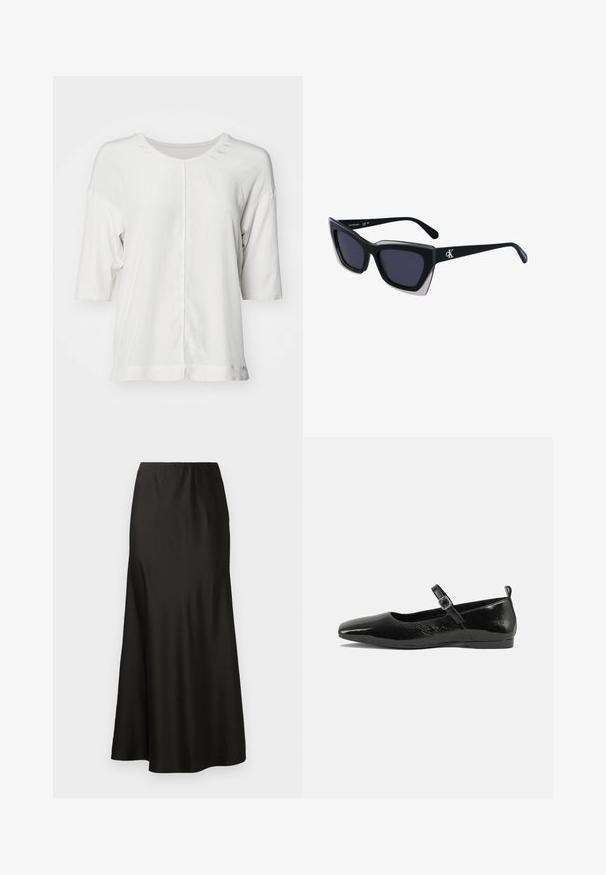 Balta trumpa rankovėmis palaidinė su apvaliu kaklu, turinti priekinį siūlės detalę ir šiek tiek tekstūruotą audinį. Paprastas dizainas be raštų.; Juoda satino maksi sijonas su lygiu paviršiumi, aukštu liemeniu ir išplatėjančiu apačiu. Nėra matomų raštų ar detalių, sijonas pasižymi paprastu dizainu.; Juodas lakinės odos butas su smailiu nosiu, kulkšnies dirželiu su sagtimi ir lygia, blizgia tekstūra. Žemas kulnas dėl patogumo.; Juodos didelės saulės akinių su geometrine forma, turinčiais tamsius objektyvus ir kontrastingą pilką detalę ant rėmelio. Logotipas ant šalon.; Sidabrinės auskarai žiedai su lygiu, blizgiu paviršiumi. Suapvalinta forma, lengvas dizainas, su uždarymu ant smeigtuko.