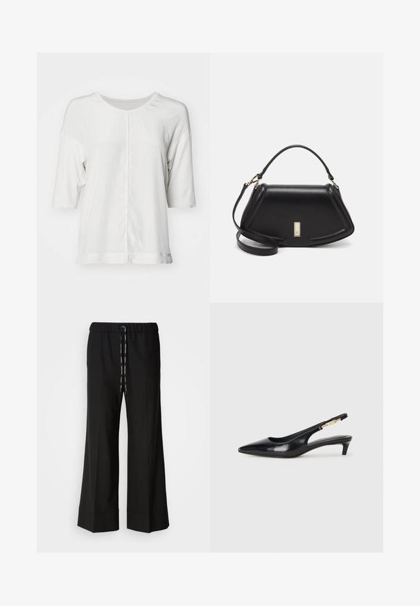 White short-sleeve top with a round neckline, featuring a front seam detail and a slightly textured fabric. Simple design without patterns.; Black, wide-leg trousers with an elastic waistband and black drawstring. Made of smooth fabric with no visible patterns or hardware.; Black leather slingback heels with a pointed toe, featuring a slim heel and a gold-tone accent on the adjustable strap. Smooth texture.; Black leather handbag with a structured design, featuring a cropped shape, top handle, and gold hardware accent. Adjustable shoulder strap included.