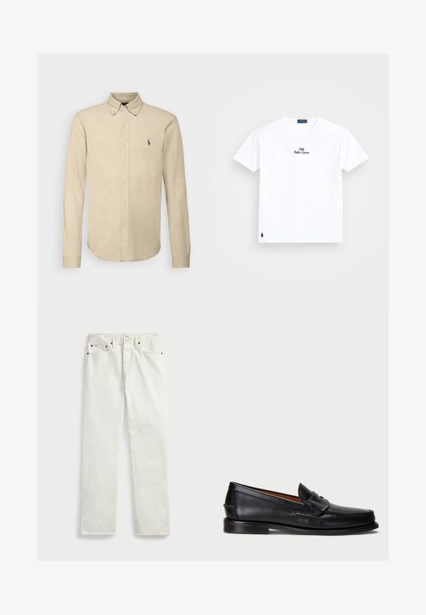 Polo Ralph Lauren KNIT OXFORD SHIRT - Skjorte - coastal beige; Hvit bomulls t-skjorte med rund hals, korte ermer, svart brodert "Polo Ralph Lauren"-logo på brystet, og liten svart logo på hemmen.; Hvit denimjeans med rett snitt, med fem lommer, metallknapper og sømdekorasjoner langs sømmene. Slett tekstur.; Sorte lær loafer med rund tå, broderte detaljer og et dekorativt bånd over fronten. Flat såle med minimal profil.