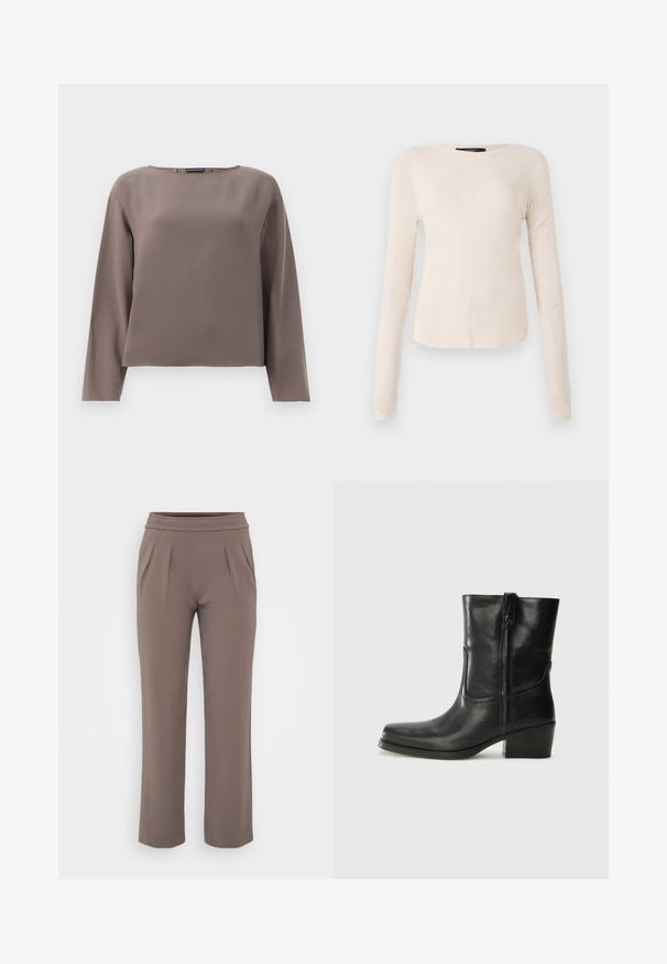 Barna, hosszú ujjú felső széles nyakkivágással, sima, puha anyagból készült. Lazán simuló fazonja van, minimalista designja pedig díszítések nélkül készült.; Hosszú ujjú, világos bézs blúz kerek nyakkivágással. Puha anyagból készült, középső varrással és enyhén ívelt szegéllyel rendelkezik. Nincs rajta látható fémrész.; Taupe színű, lazán szabott nadrág, gumis derékkal és elülső pliszírozással, sima anyagból készült.; Fekete bőr bokacsizma lekerekített orral, blokk sarkúval, oldalsó cipzárral és varrásos díszítéssel az elején. Simább textúra, klasszikus dizájn.