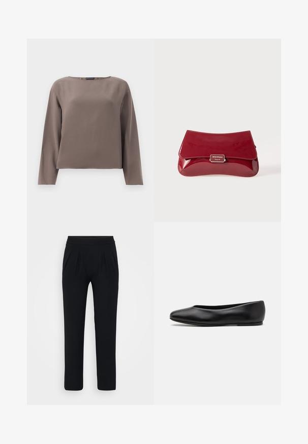 Top marrone a maniche lunghe con scollo ampio, realizzato in un tessuto liscio e morbido. Presenta una vestibilità rilassata e un design minimale senza decorazioni.; Pantaloni neri a gamba larga realizzati in tessuto morbido. Presentano una vita elasticizzata e due pieghe frontali. Nessun motivo o accessorio visibile.; Paul Smith TOPANGA - Ballerine - black; Borsa a pochette in pelle verniciata rossa con design curvo, pattina pieghevole e un accento del logo metallico su una placca argentata. Tessuto liscio e lucido.