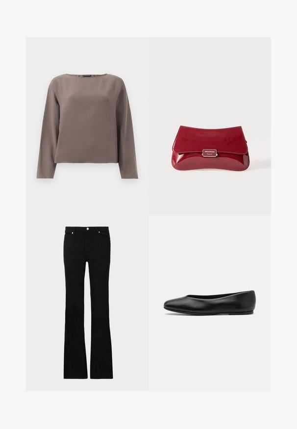 Brown long-sleeve top with a wide neckline, made from a smooth, soft fabric. Features a relaxed fit and minimal design without embellishments.; Black flared jeans made of denim, featuring two front pockets, a button closure, and a smooth texture. Signature stitching visible at seams.; Paul Smith TOPANGA - Ballet pumps - black; Red patent leather clutch bag with a curved design, fold-over flap, and a metal logo accent on a silver plaque. Smooth, shiny texture.