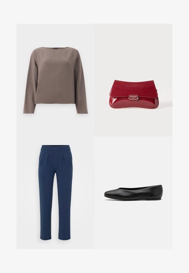 Hnědý dlouhý rukáv s širokým výstřihem, vyrobený z hladkého, měkkého materiálu. Má volný střih a minimální design bez ozdob.; Námořnické modré vysoké kalhoty s elastickým pasem, rovné široké nohavice a boční kapsy, prezentované na jednolitém pozadí.; Paul Smith TOPANGA - Klasické baleríny  - black; Červená lakovaná kabelka s křivkovým designem, překlopným víkem a kovovým logem na stříbrné destičce. Hladký, lesklý povrch.