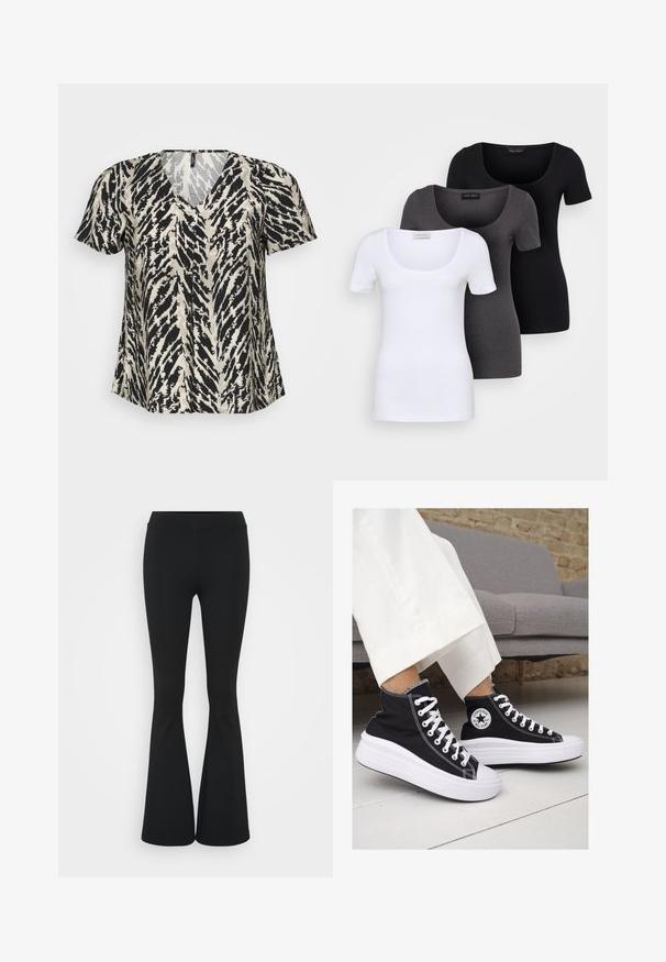 Short-sleeved top with a V-neck, featuring a black and cream tiger stripe pattern. Fabric appears lightweight and flowy.; Three fitted T-shirts in white, gray, and black. Each features a wide scoop neckline and short sleeves. Made from smooth, stretchy fabric.; Black flared pants made of stretchy fabric, featuring a high waistband and a smooth texture. The pants flare out from the knee.; Black canvas high-top sneakers with white rubber soles and laces. Features a circular logo on the side and contrasting white stitching.