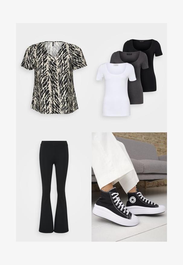 T-shirt à manches courtes avec un décolleté en V, arborant un motif à rayures tigre noir et crème. Le tissu semble léger et fluide.; Trois T-shirts ajustés en blanc, gris et noir. Chacun présente un décolleté large et des manches courtes. Fabriqués en tissu lisse et extensible.; Pantalon évasé noir en tissu extensible, présentant une taille haute et une texture lisse. Le pantalon s'élargit à partir du genou.; Baskets montantes noires avec semelles et lacets en caoutchouc blanc. Dotées d'un patch logo rond et de surpiqûres blanches contrastantes. Matière en toile.