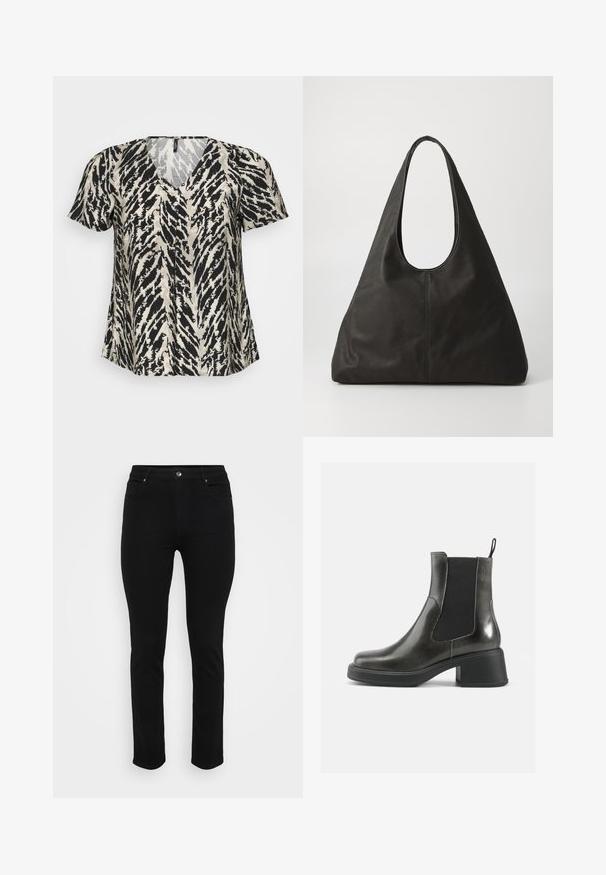 T-shirt à manches courtes avec un décolleté en V, arborant un motif à rayures tigre noir et crème. Le tissu semble léger et fluide.; Jean denim noir avec une coupe slim, design à cinq poches, fermeture à bouton à l'avant et légère élasticité pour le confort. Texture plate et lisse avec un minimum de détails.; Bottines noires en cuir avec une finition lisse, des panneaux latéraux élastiques et un talon épais. Dispose d'une languette pour un enfilage plus facile.; Sac fourre-tout en cuir noir avec une poignée courbée, forme triangulaire allongée et texture lisse. Présente un design minimaliste sans matériel visible.; Boucles d'oreilles en métal argenté avec un design ondulé et sculptural, présentant une finition polie et des formes irrégulières, mettant en valeur une esthétique contemporaine.