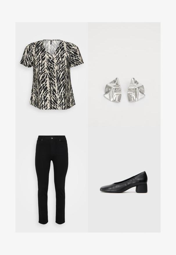 T-shirt à manches courtes avec un décolleté en V, arborant un motif à rayures tigre noir et crème. Le tissu semble léger et fluide.; Jean denim noir avec une coupe slim, design à cinq poches, fermeture à bouton à l'avant et légère élasticité pour le confort. Texture plate et lisse avec un minimum de détails.; Escarpin en cuir noir avec un bout rond et un talon bloc moyen. Texture lisse avec un minimum de détails, présentant une ouverture élastique discrète.; Boucles d'oreilles en métal argenté avec un design ondulé et sculptural, présentant une finition polie et des formes irrégulières, mettant en valeur une esthétique contemporaine.