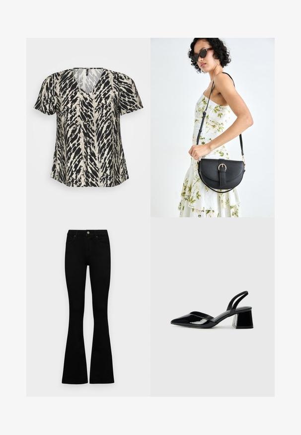 Kortermet topp med V-hals, prydet med et svart og kremfarget tigermønster. Stoffet ser lett og luftig ut.; Sorte høytlivsjeans med knapp og glidelås, frontlommer og utsvingte bein liggende flatt på en hvit bakgrunn.; Svarte patentlær slingback hæler med spiss tå og geometrisk blokk hæl. Har et stilrent, minimalistisk design og jevn tekstur.; Svart lærveske med en buet form, avtagbar stropp og gullbeslag. Vesken har et klaff med spenne-detall.