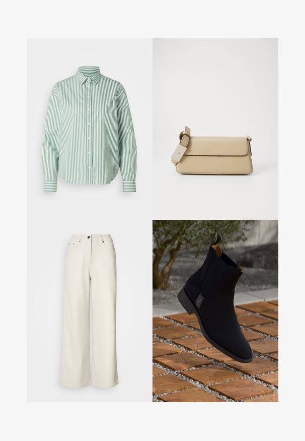 GANT STRIPED - Skjortebluse - seacrest green; Kremfargede vide bukser laget av glatt stoff. Har en midje med middels høyde, glidelås foran, og to frontlommer med svarte detaljer.; Sorte skinn ankle boots med glatt overflate, gult indre fôr og trekksløyfe; plassert mot en teksturert tre- og grusoverflate.; Beige faux skinnveske med klaffelukking, justerbar stropp og minimalistisk design. Har diskret søm og preget merke.