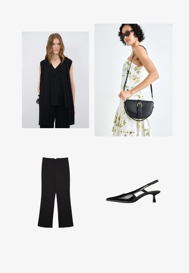 Sort ærmeløs top med V-hals, der har lagdelt detaljer og teksturerede accenter langs halsudskæringen, parret med sorte bukser.; Sorte bukser med lige pasform, der har frontlommer og slidser i kanten. Lavet af blødt, glat stof. Velegnet til forskellige anledninger.; Sorte patentlæder slingback hæle med spids tå, udskåret sideskærm og en lille firkantet hæl. Glat tekstur med minimale detaljer.; Sort læderhåndtaske med en buet form, aftagelig rem og guldfinish. Tasken har en klap med en spænde detalje.