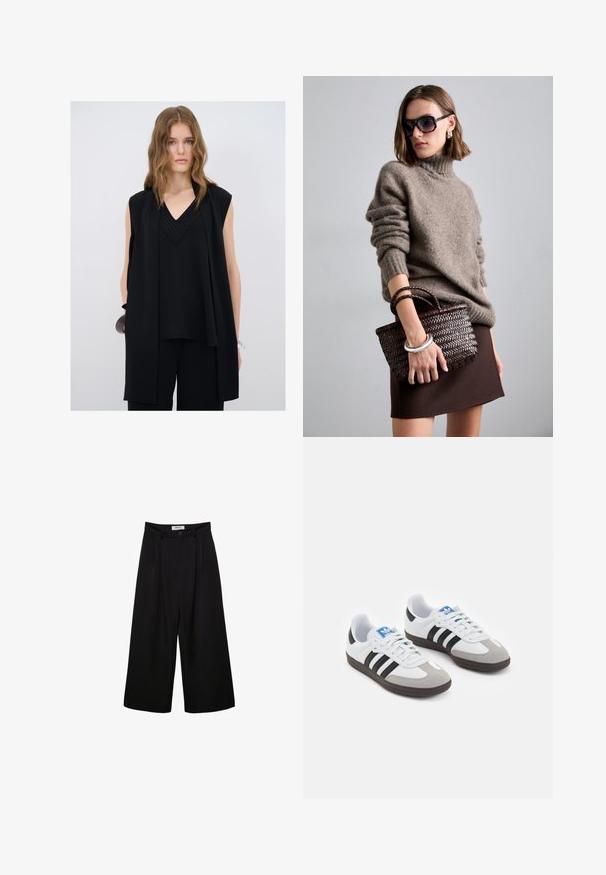 Sort ærmeløs top med V-hals, der har lagdelt detaljer og teksturerede accenter langs halsudskæringen, parret med sorte bukser.; Sorte brede bukser med høj talje, plisseret front og knaplukning. Lavet af glat stof med en skræddersyet design.; Sportsko med en overdel i hvid læder, grå ruskind på tåen og tre sorte striber. Har et blåt logo på tungen og en struktureret gummisål.; DRAGON DIFFUSION MINI FLAT GORA - Håndtasker - dark brown