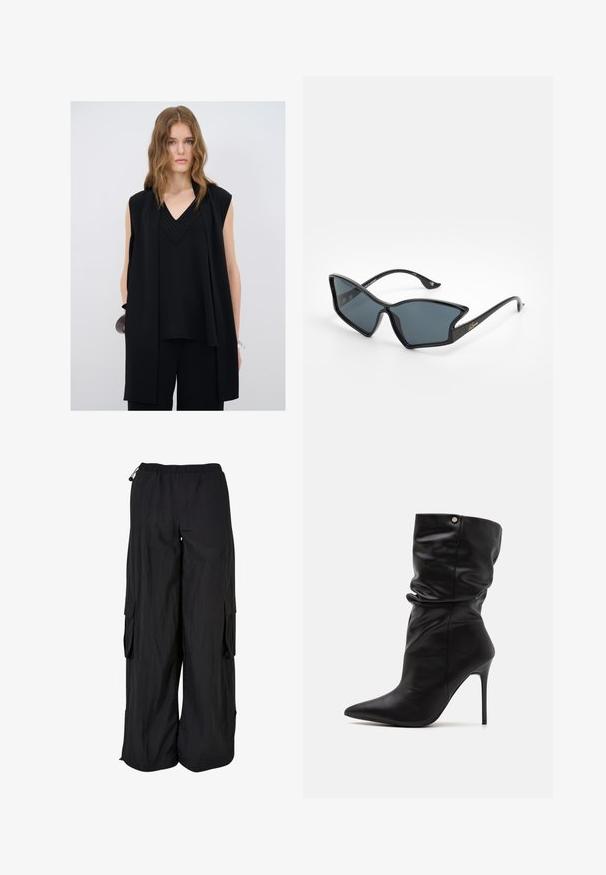 Sort ærmeløs top med V-hals, der har lagdelt detaljer og teksturerede accenter langs halsudskæringen, parret med sorte bukser.; Sorte cargo bukser med elastisk talje, løs pasform, letvægtsstof, sidelommer og en subtil tekstureret finish.; Even&Odd Wide Fit Højhælede støvletter - black; Sorte plastiksolbriller med en geometrisk katteøjeform, grå linser og gyldne detaljer på stængerne. Glat overflade hele vejen rundt om stellet.; Sort struktureret håndtaske med dobbelte topremme, aftagelig skulderrem, prægede brandmærker og hardwaredetaljer i guld.