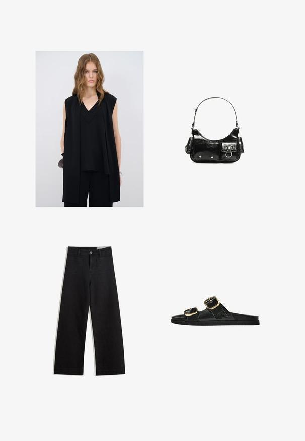 Mustan hihattoman paidan, jossa on V-pääntie, kerrosyksityiskohtia ja teksturoituja korostuksia pääntiellä, paritettu mustien housujen kanssa.; Mustat leveät farkut korkealla vyötäröllä, joissa on etu- ja takataskut, ommellut saumat ja nappisuljenta. Silkinoinen rakenne.; Musta liukusandaali, jossa on kaksi kultaisesta solkesta tehtyä korostusta, sileäpintainen materiaali, litteä pohja ja minimalistinen muotoilu.; Mustekko mustasta kiiltonahasta valmistettu käsilaukku, jossa on kaareva muoto, yksi olkahihna, etutaskut ja hopeanväriset yksityiskohdat.